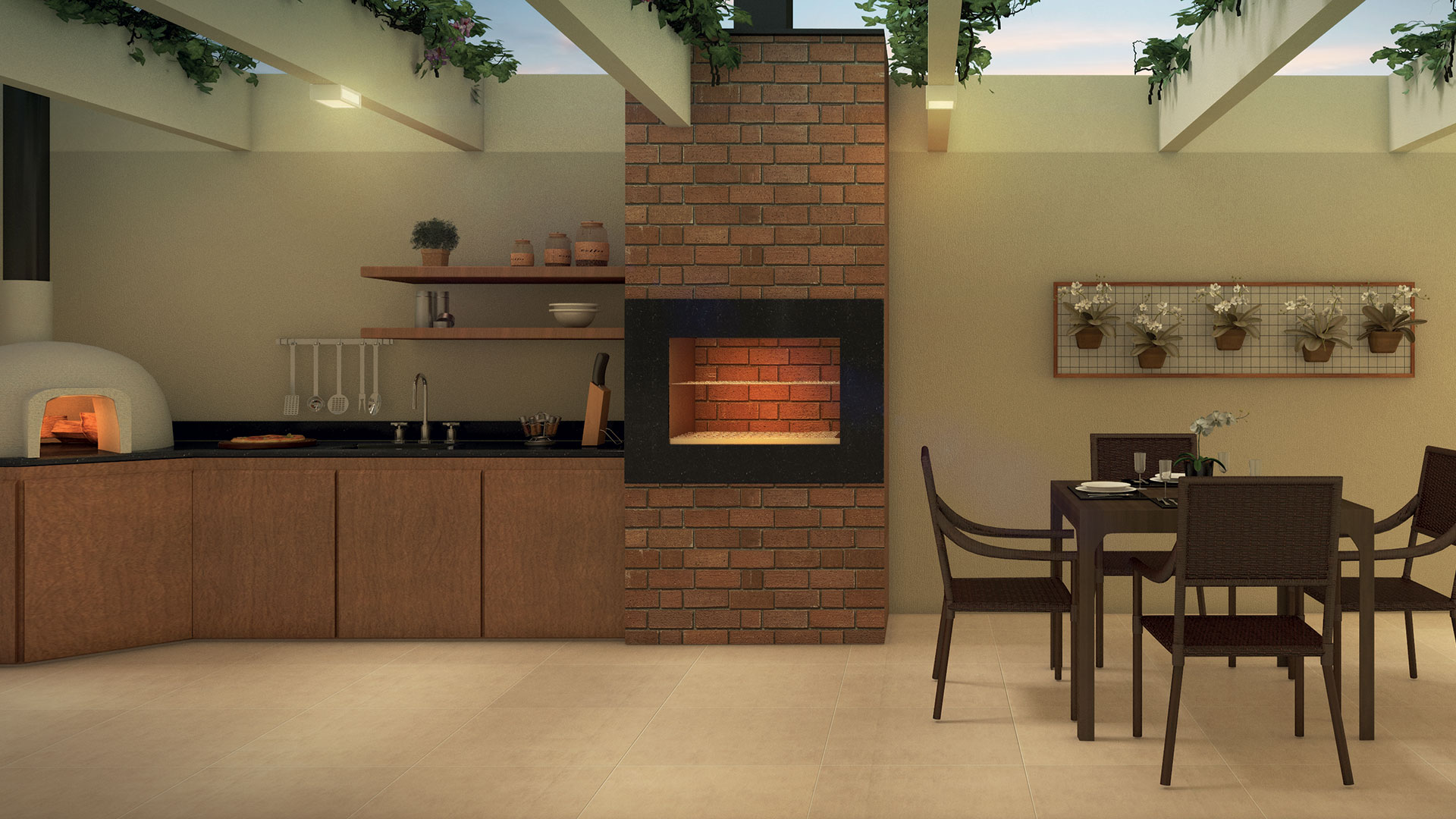 Perspectiva Artística do Espaço Grill com Churrasqueira e Forno de Pizza