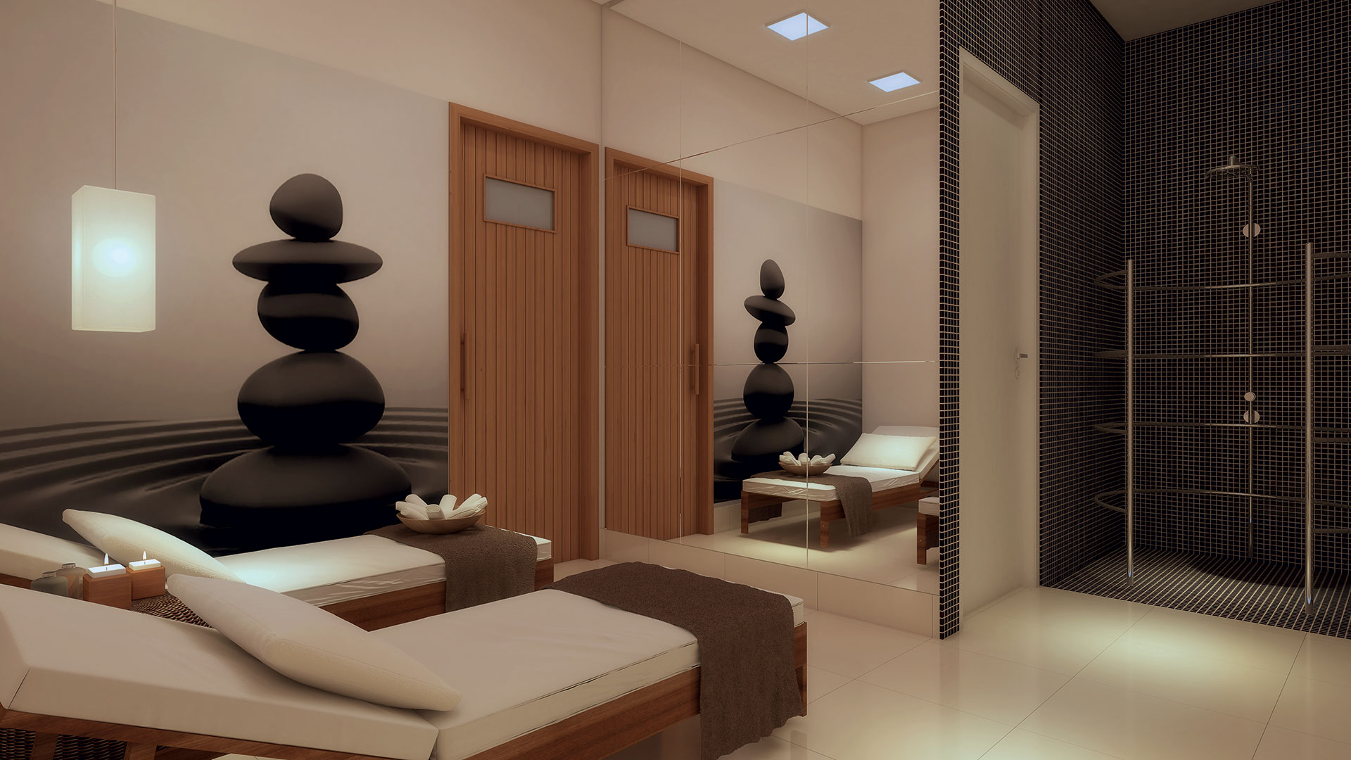 Perspectiva Artística do Beauty Care - Sala de Descanso e Ducha Circular